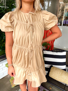 Taylor Pleated Bow Mini Dress- Khaki