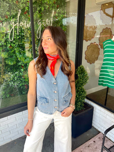 Halsey Denim Button Up Vest -Light Denim