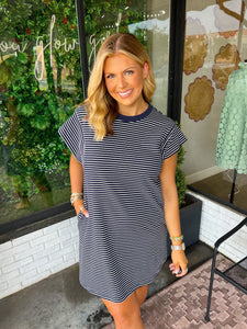 Kali Striped Short Sleeve T-Shirt Dress- White/Navy