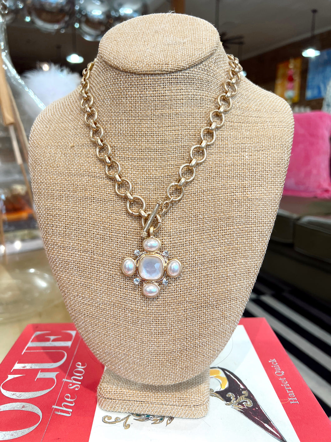 Gold Pearl Pendant Toggle Necklace
