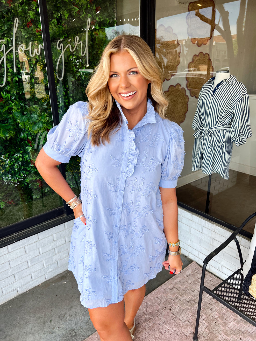 Juniper Floral Ruffle Neck Mini Dress - Chambray