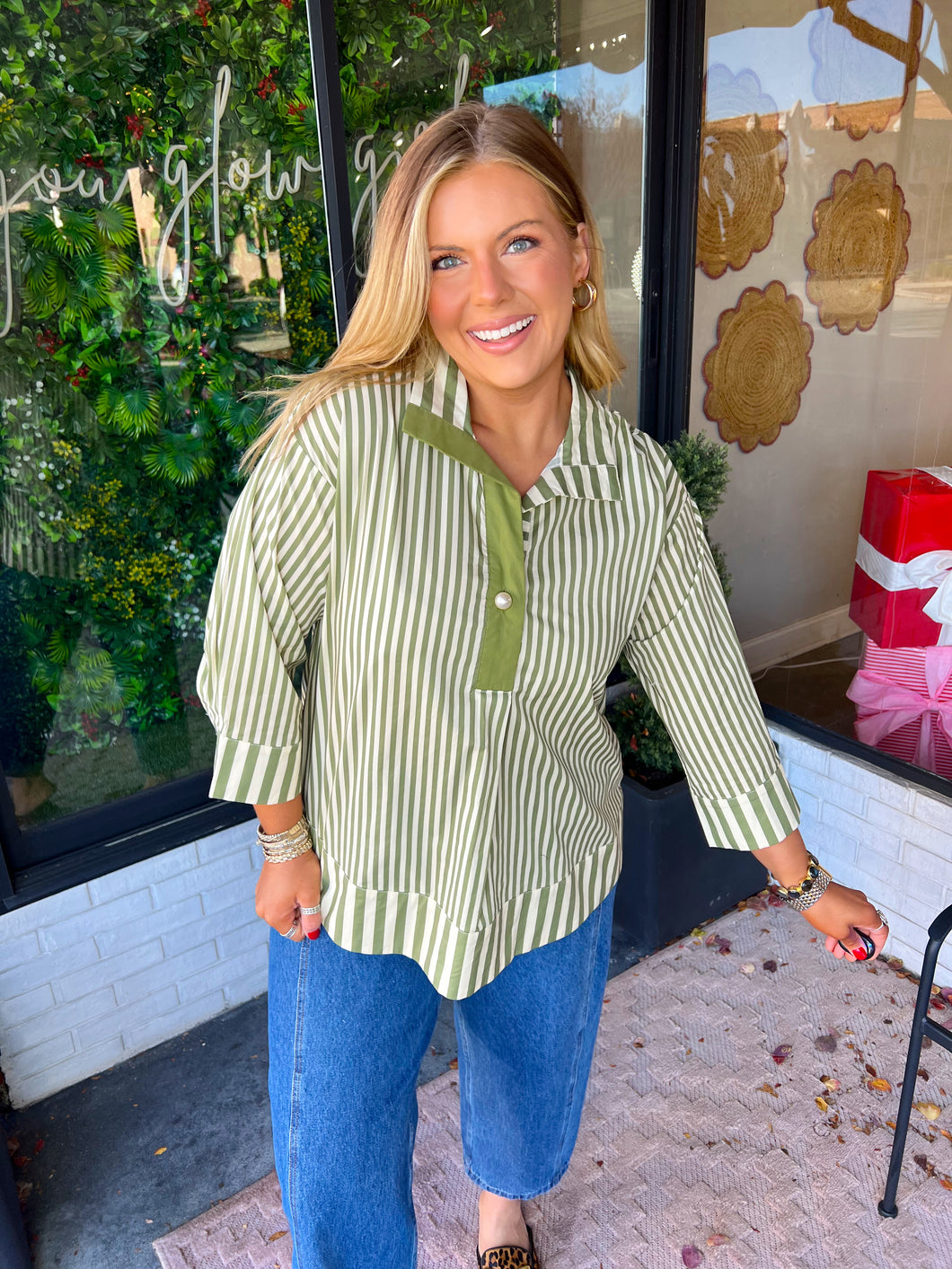Lottie Striped Pearl Accent Top- Olive Green