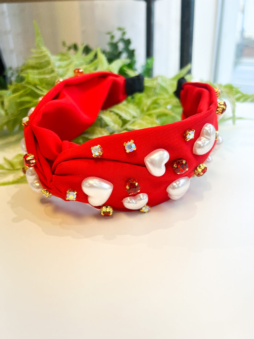 Crystal & Pearl Heart Studded Headband- Red