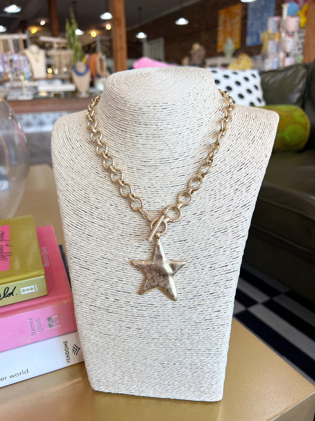 Gold Hammered Star Toggle Necklace