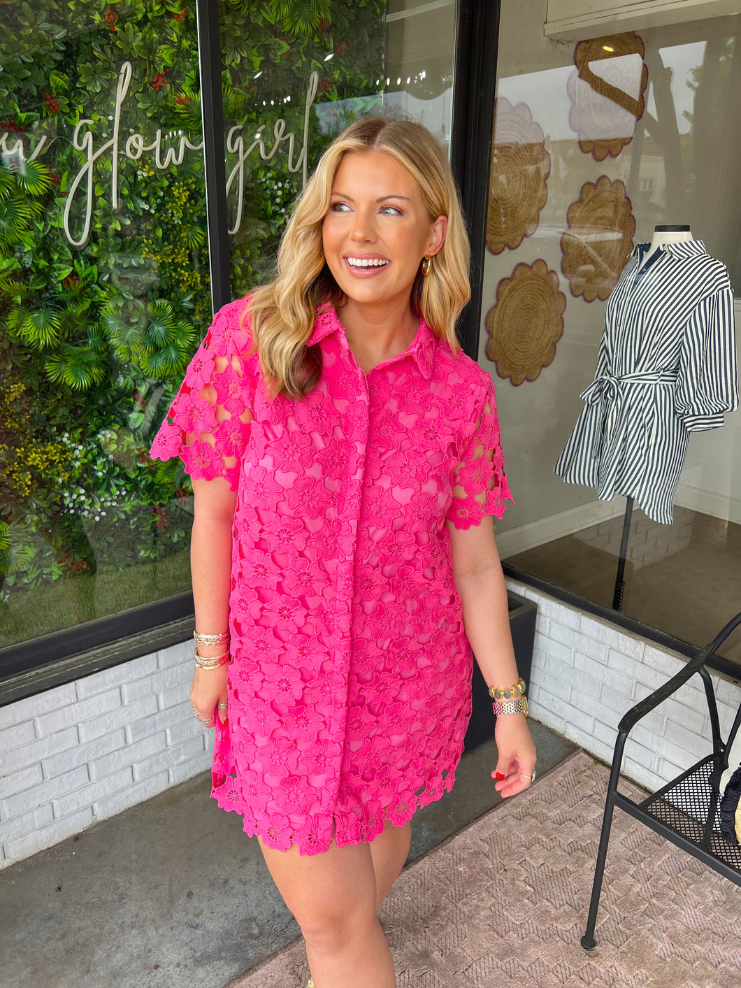 Rosie Floral Button Up Mini Dress- Hot Pink