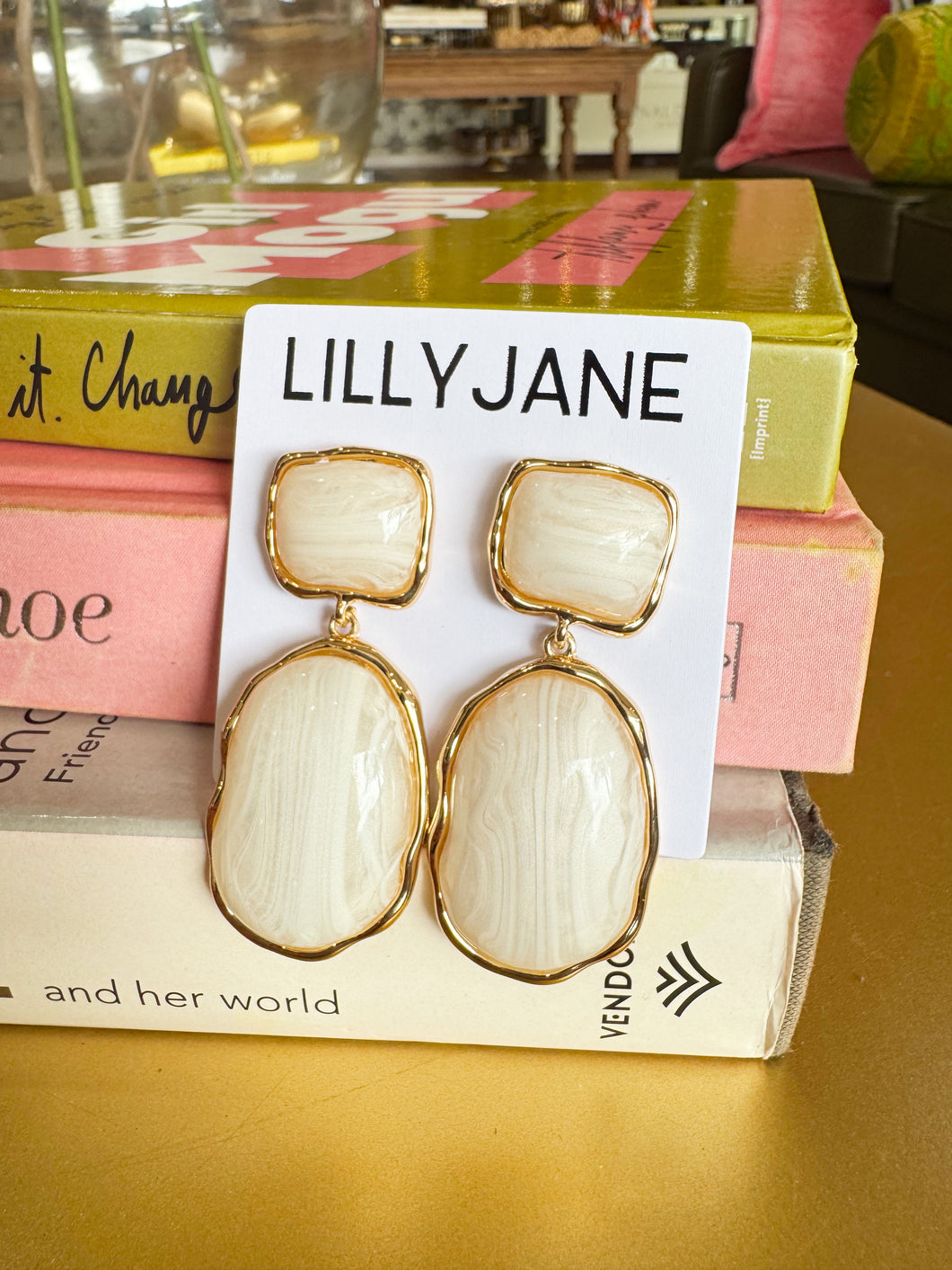 Gold Geometric Dangle Earrings - White