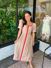 Load image into Gallery viewer, Saralyn Polka Dot Puff Sleeve Midi Dress- Taupe/Red
