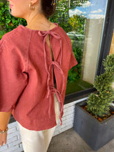 Load image into Gallery viewer, Rhett Washed Denim Tie Blouse- Brick Red
