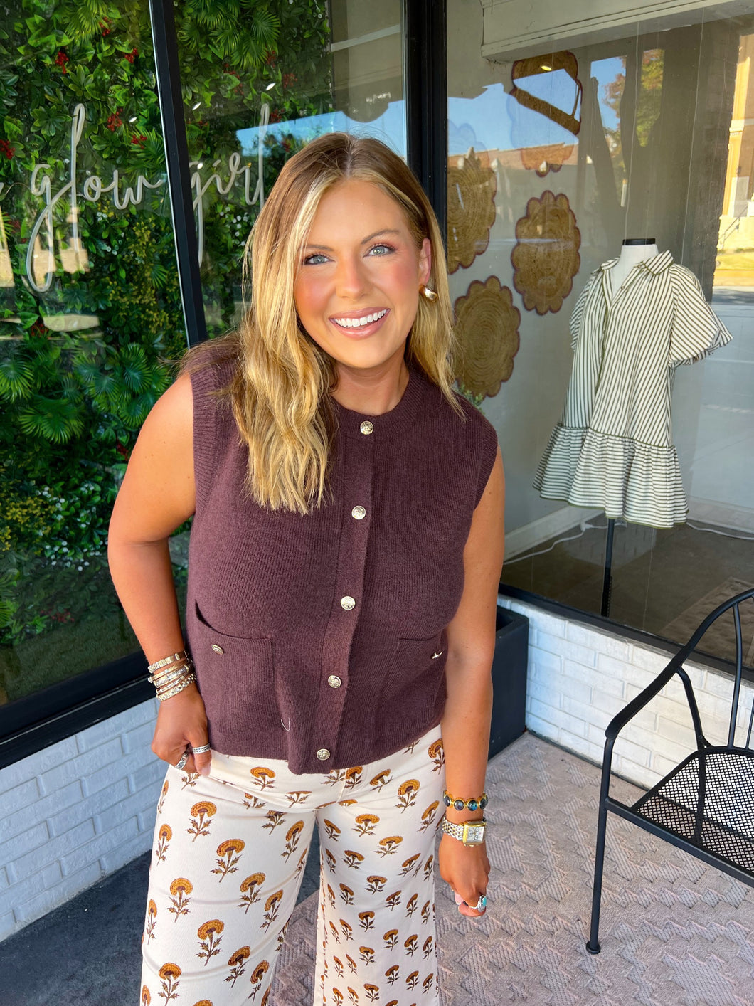 Emery Knit Button Up Sweater Vest - Brown