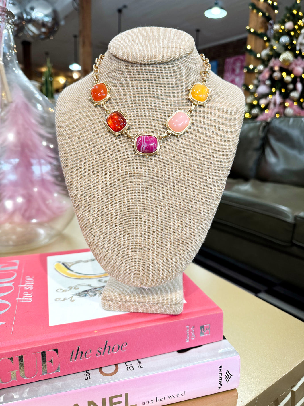 Gold Multi Stone Necklace - Pink Multi
