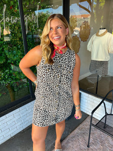 Posey Leopard Denim Button Up Mini Dress- Brown