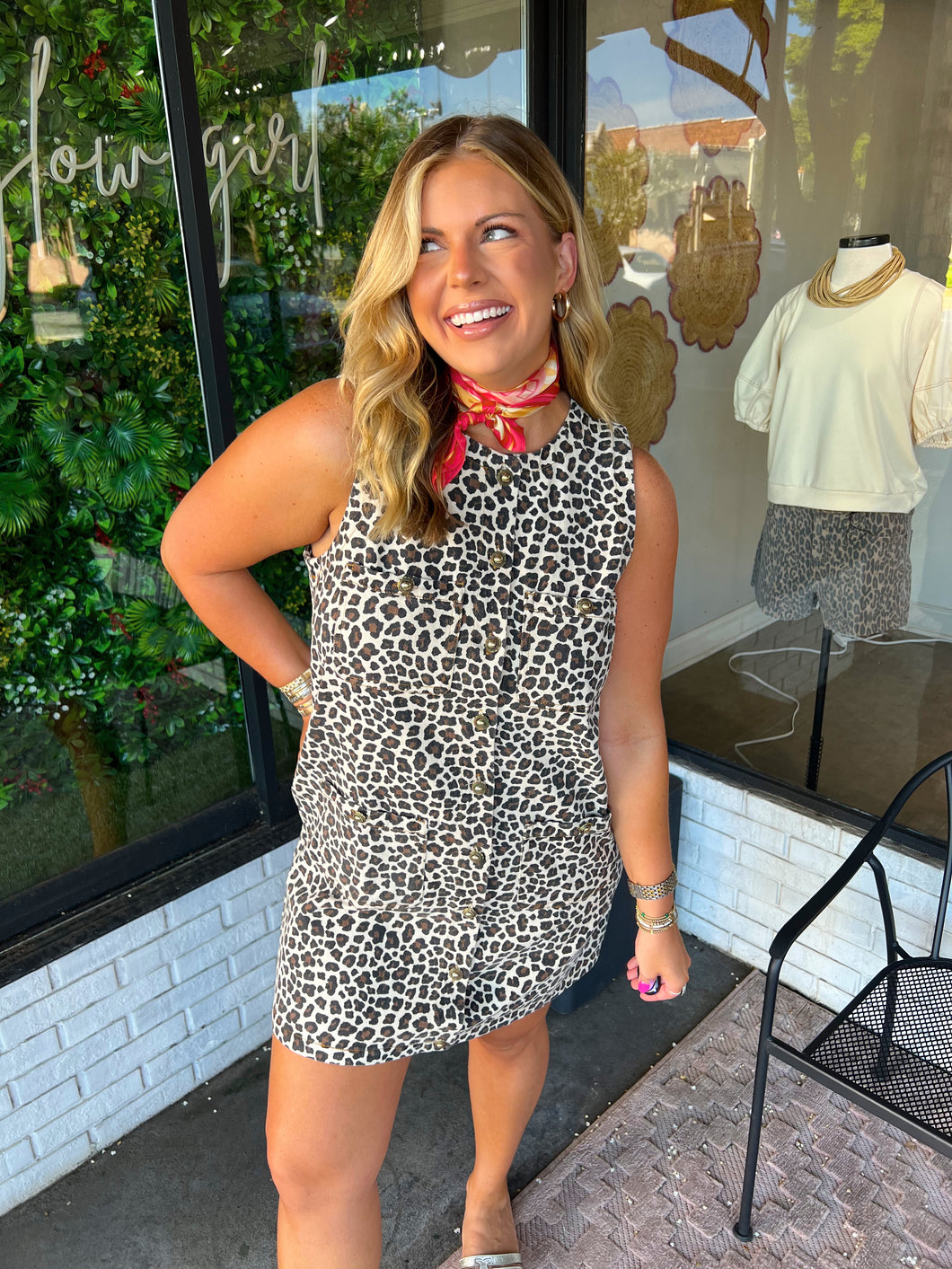 Posey Leopard Denim Button Up Mini Dress- Brown