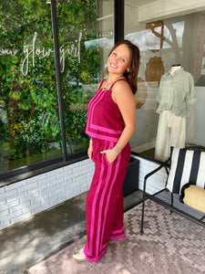 Ramsey Color Block Stripe Pant Set- Burgundy/Pink