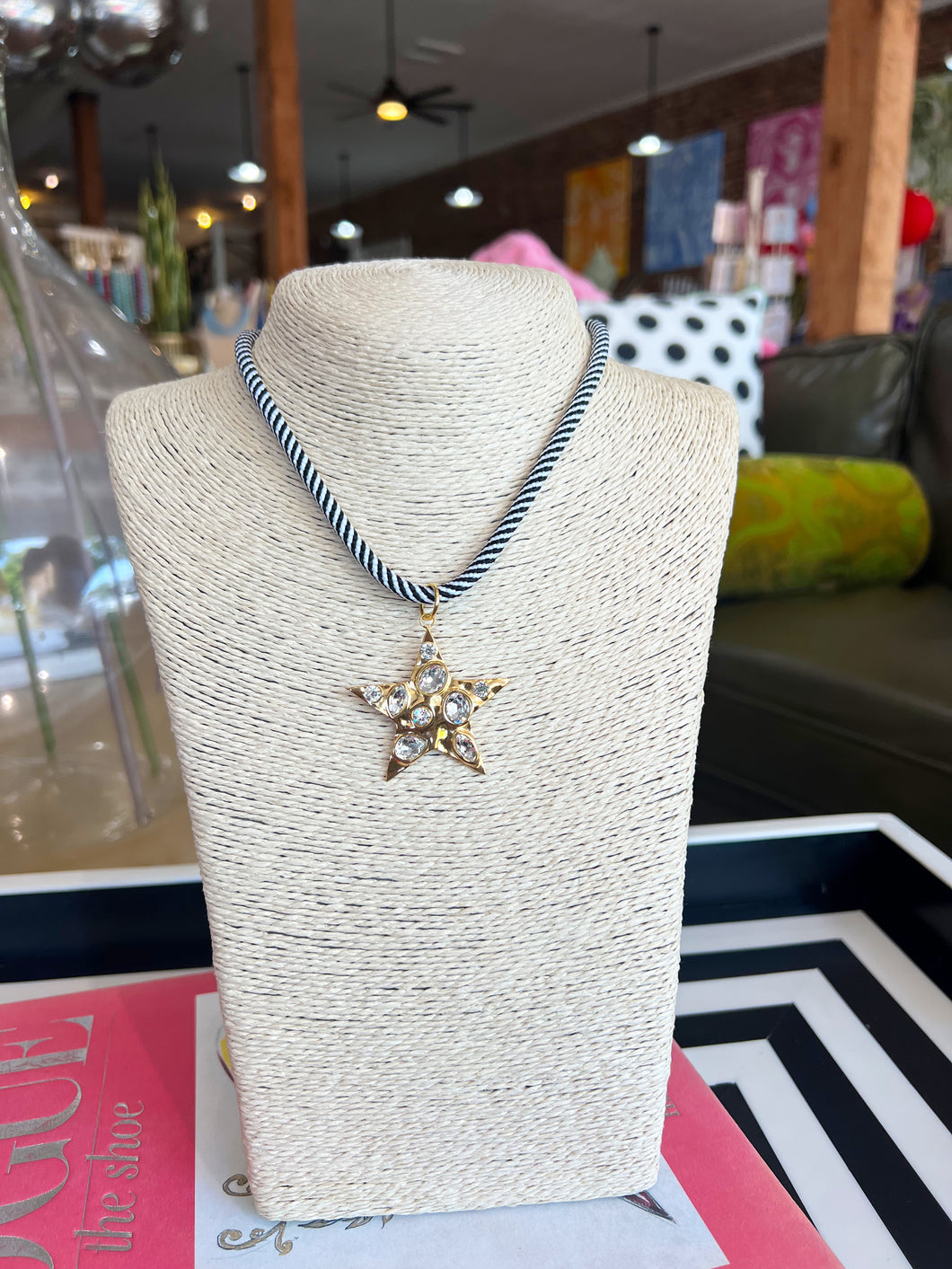 Star Rhinestone Pendant Necklace - Black Stripe