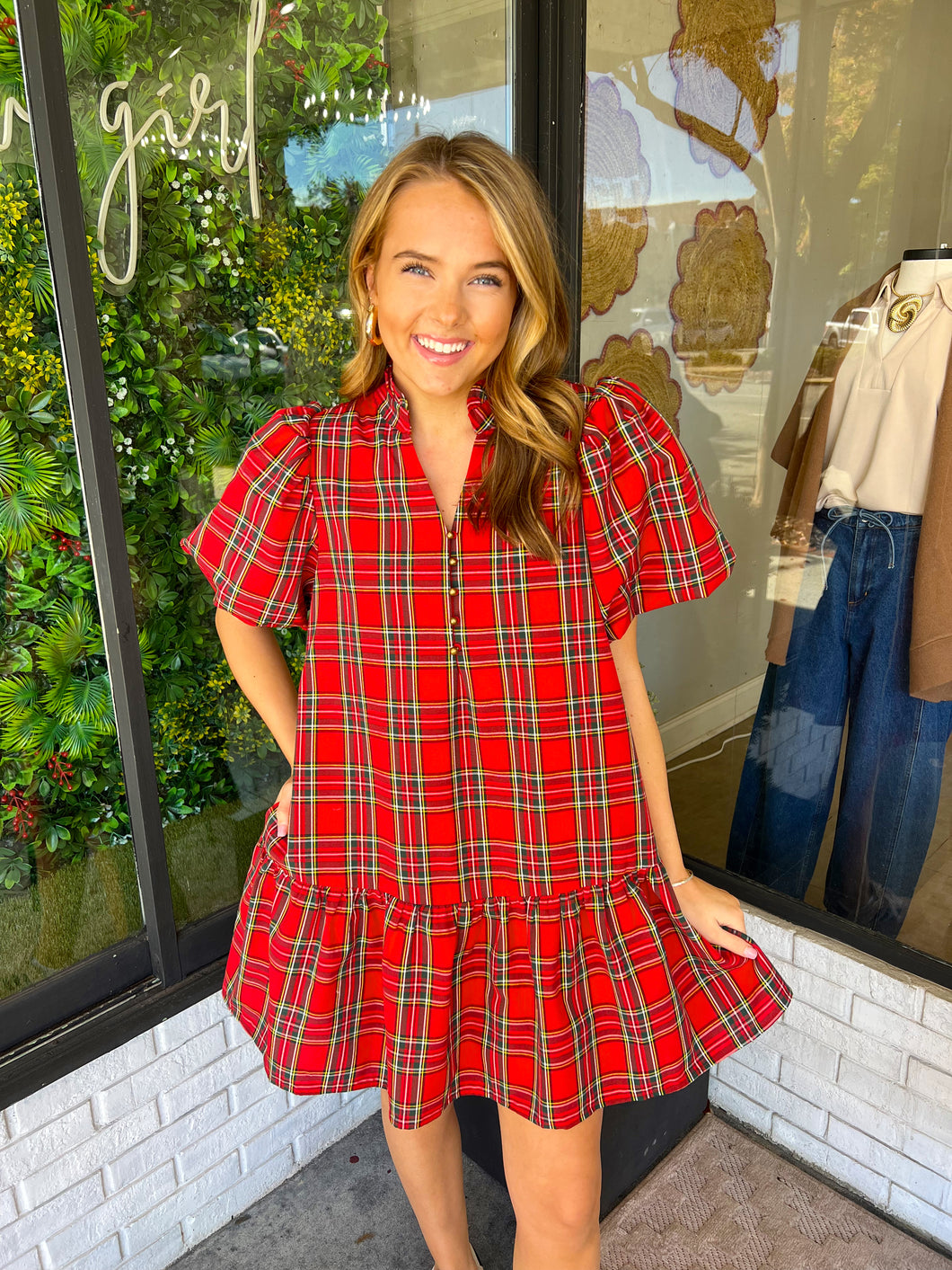 Brennan Plaid Puff Sleeve Mini Dress- Red