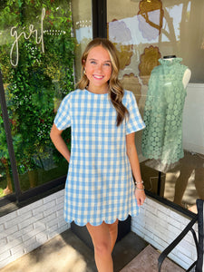 Halston Gingham Scallop Mini Dress- Light Blue