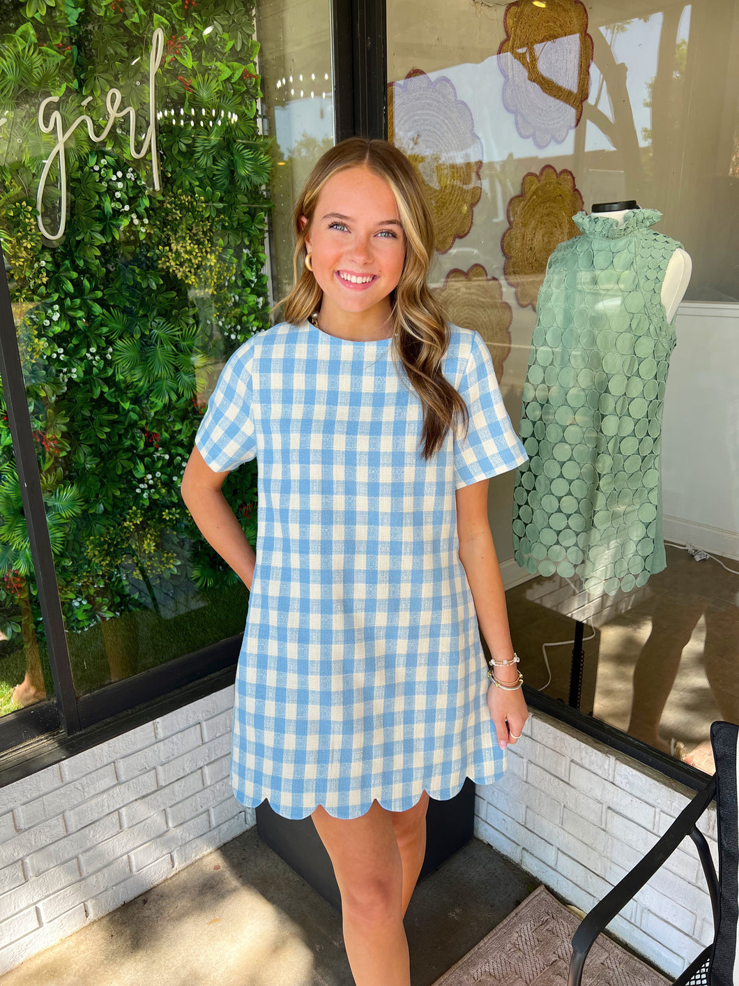 Halston Gingham Scallop Mini Dress- Light Blue