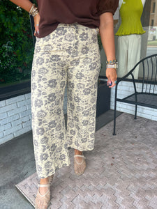 Walker Floral Mid Rise Pants -Tan