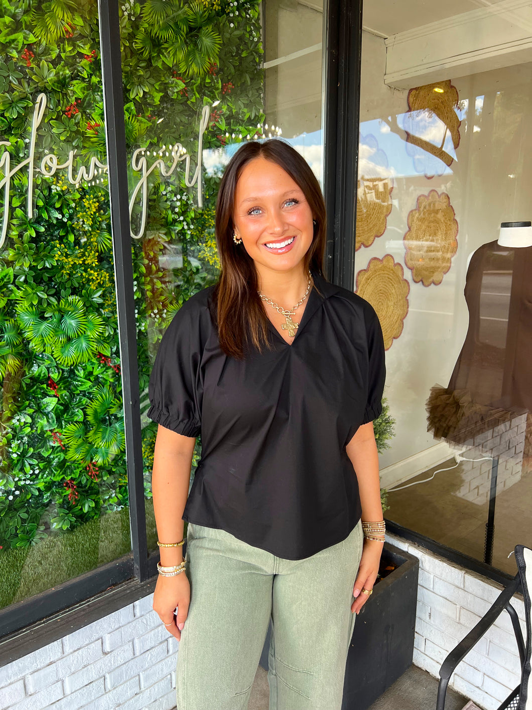 Harlow V-Neck Puff Sleeve Top- Black