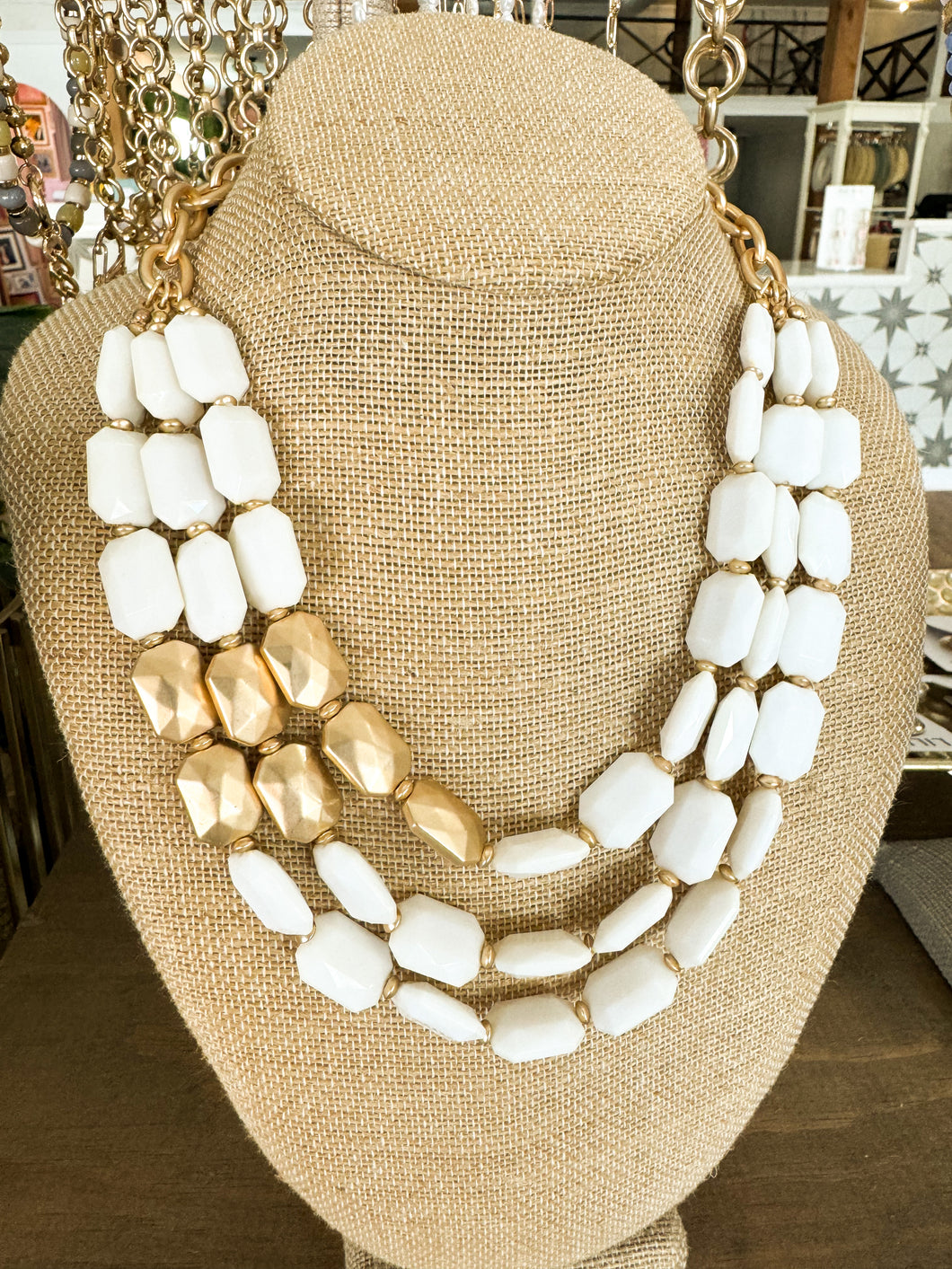 Octagon Chain Link Layered Necklace - Ivory