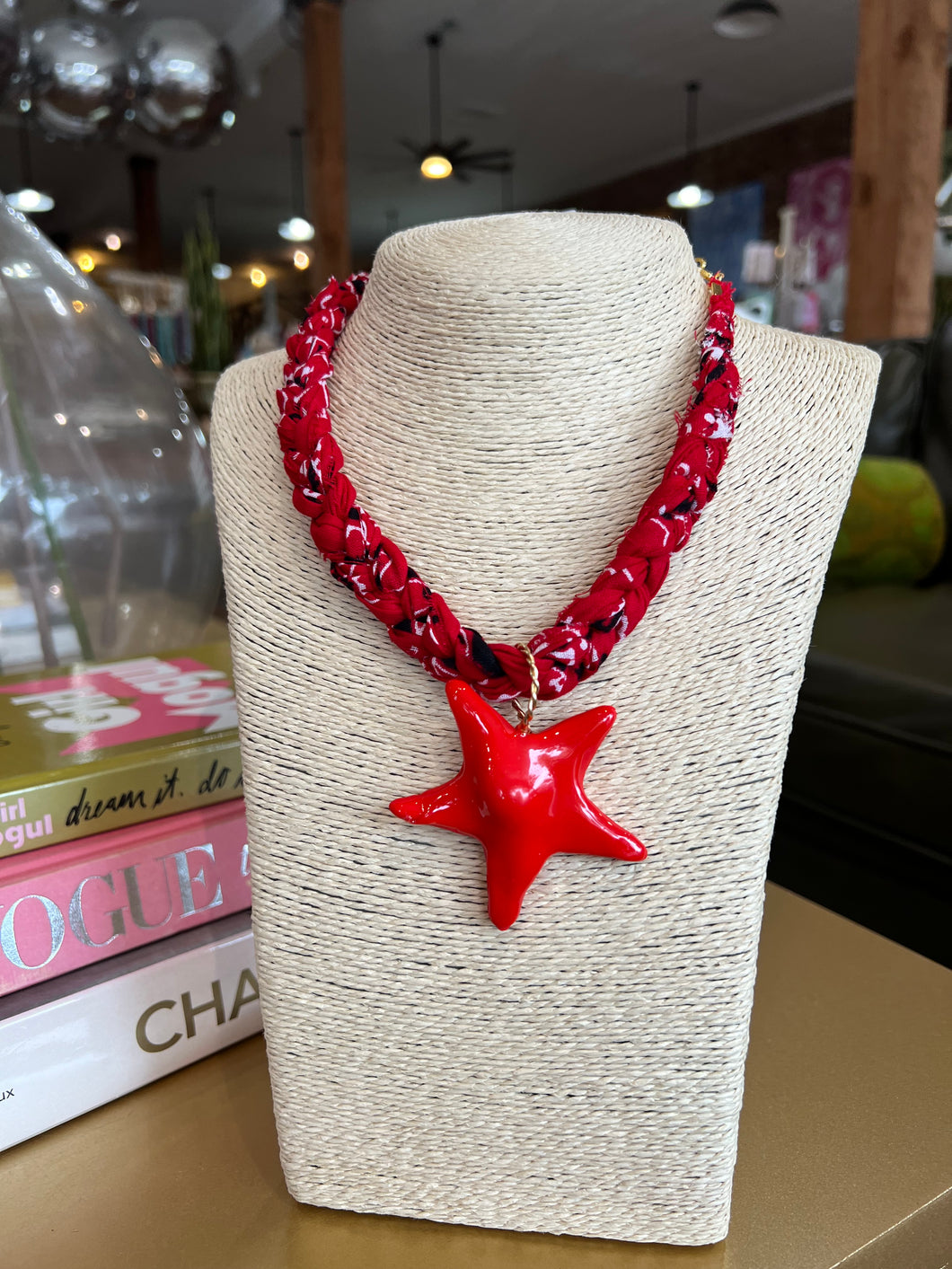 Chunky Red Bandana Star Necklace - Red