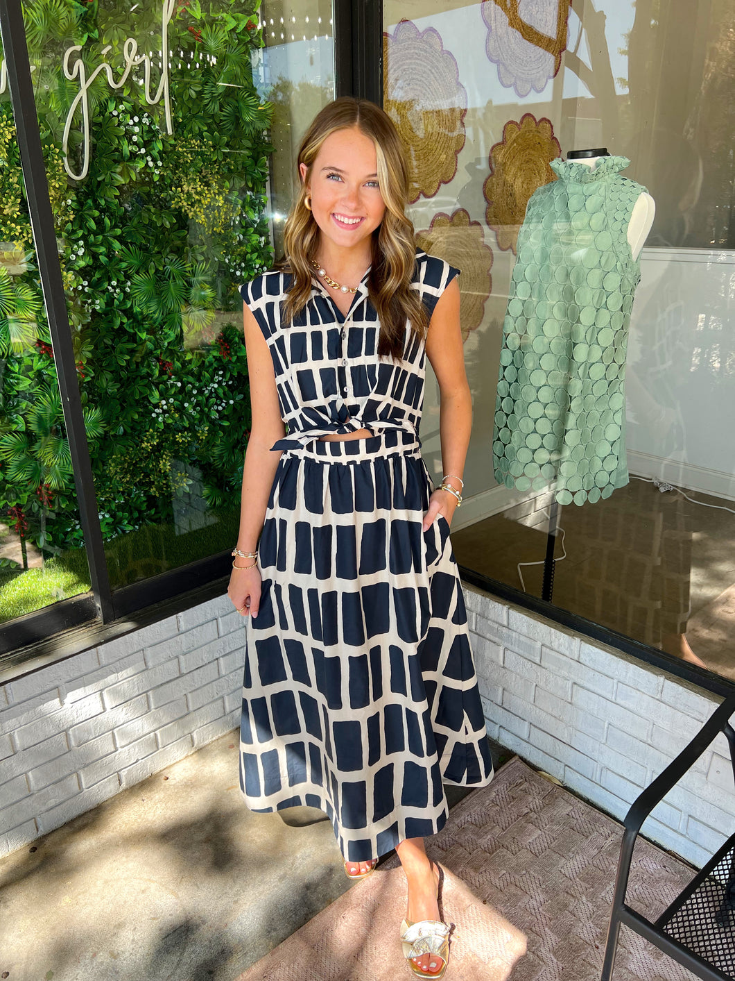 McClain Abstract Knot Button Up Midi Dress- Navy