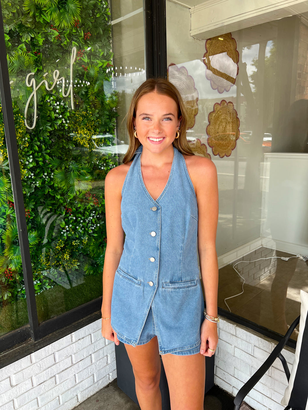 Madison Halter Vest Romper - Denim