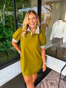 Tate Striped Detail Polo Dress- Chartreuse