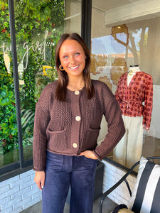 Bennett Open Knit Gold Button Up Sweater - Brown