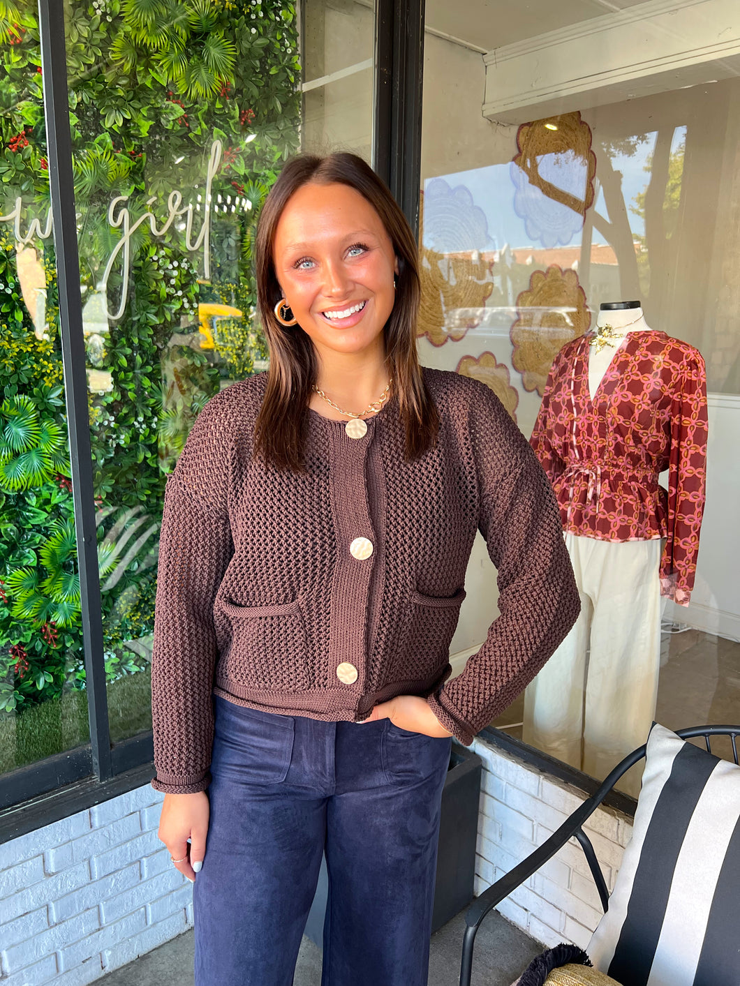 Bennett Open Knit Gold Button Up Sweater - Brown