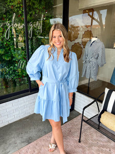 Winnie Scallop Trim Belted Mini Dress- Sky Blue