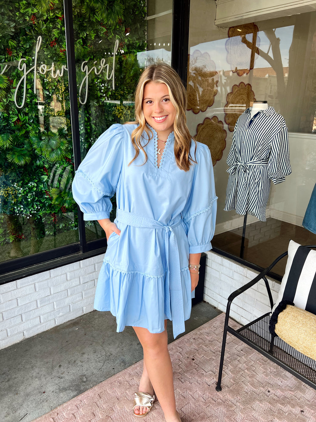 Winnie Scallop Trim Belted Mini Dress- Sky Blue