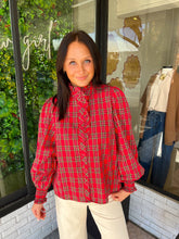 Load image into Gallery viewer, Erica Plaid Button Up Ruffle Neck Top -Red
