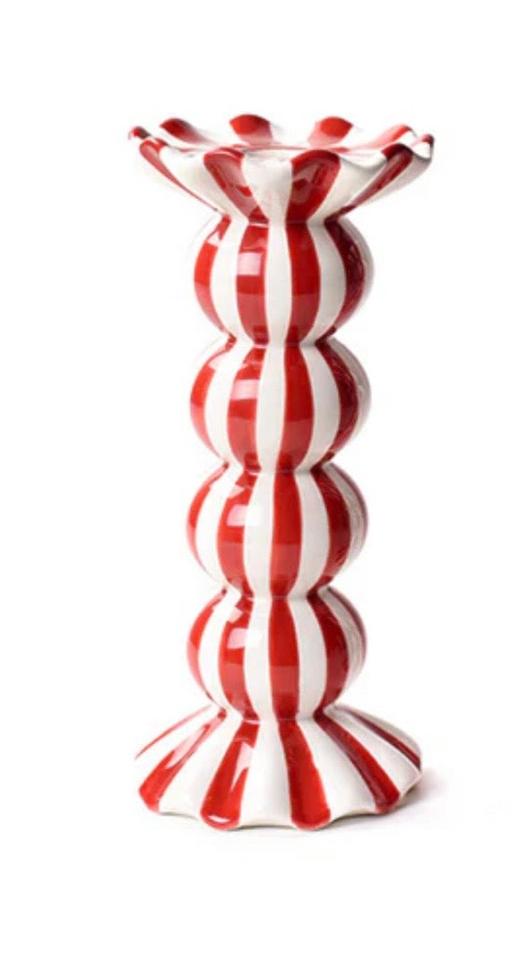 Red Stripe Ruffle Knob Candle Holder - Medium