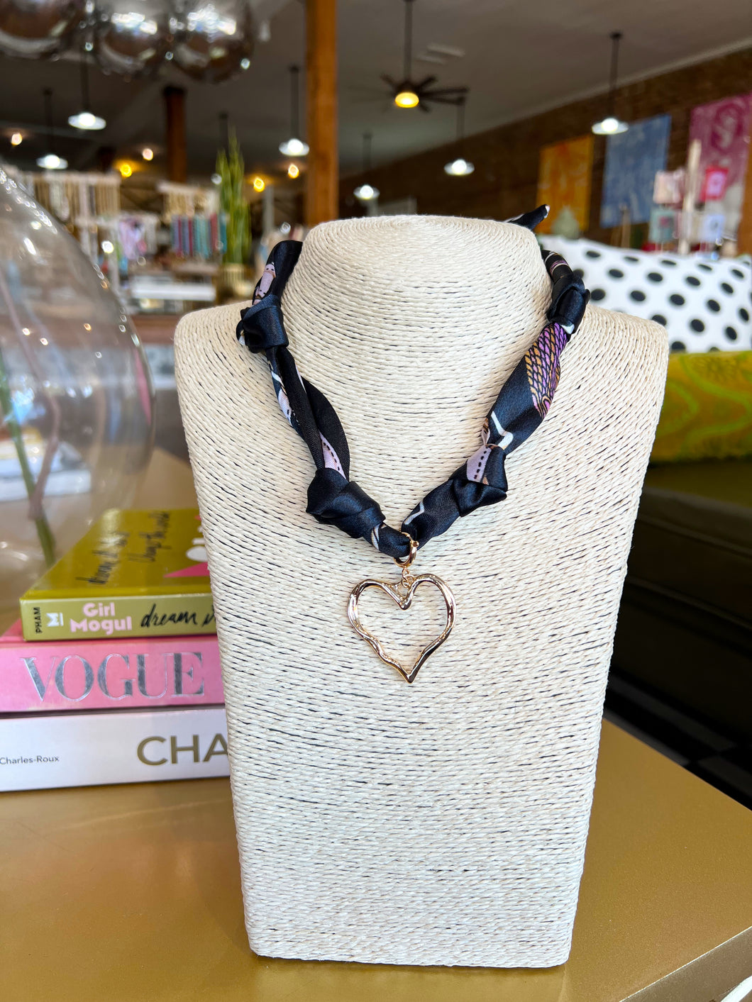 Heart Charm Scarf Necklace - Black