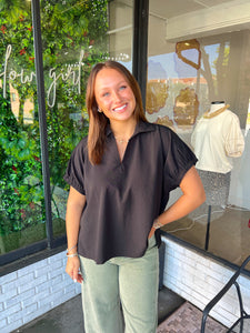 Liz Collared V-Neck Blouse - Black