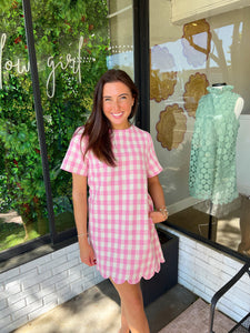 Halston Gingham Scallop Mini Dress- Light Pink