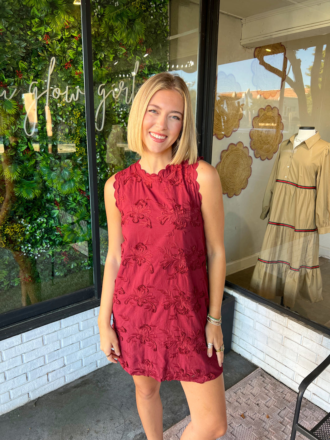 Kimber Floral Textured Sleeveless Mini Dress- Burgundy