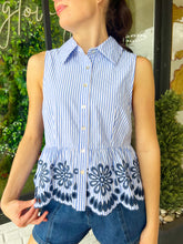 Load image into Gallery viewer, Clarke Button Up Stripe Embroidered Peplum Top- Blue
