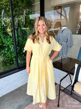 Load image into Gallery viewer, Alana Textured Pleated Button Up Midi Dress- Yellow
