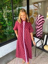 Load image into Gallery viewer, Dara Polka Dot Button Up Midi Dress- Burgundy
