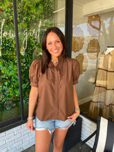 Load image into Gallery viewer, Layne Button Up Ruffle Neck Top- Brown
