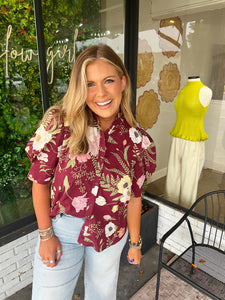 Sydni Floral Ruffle Neck Button Up Top- Burgundy