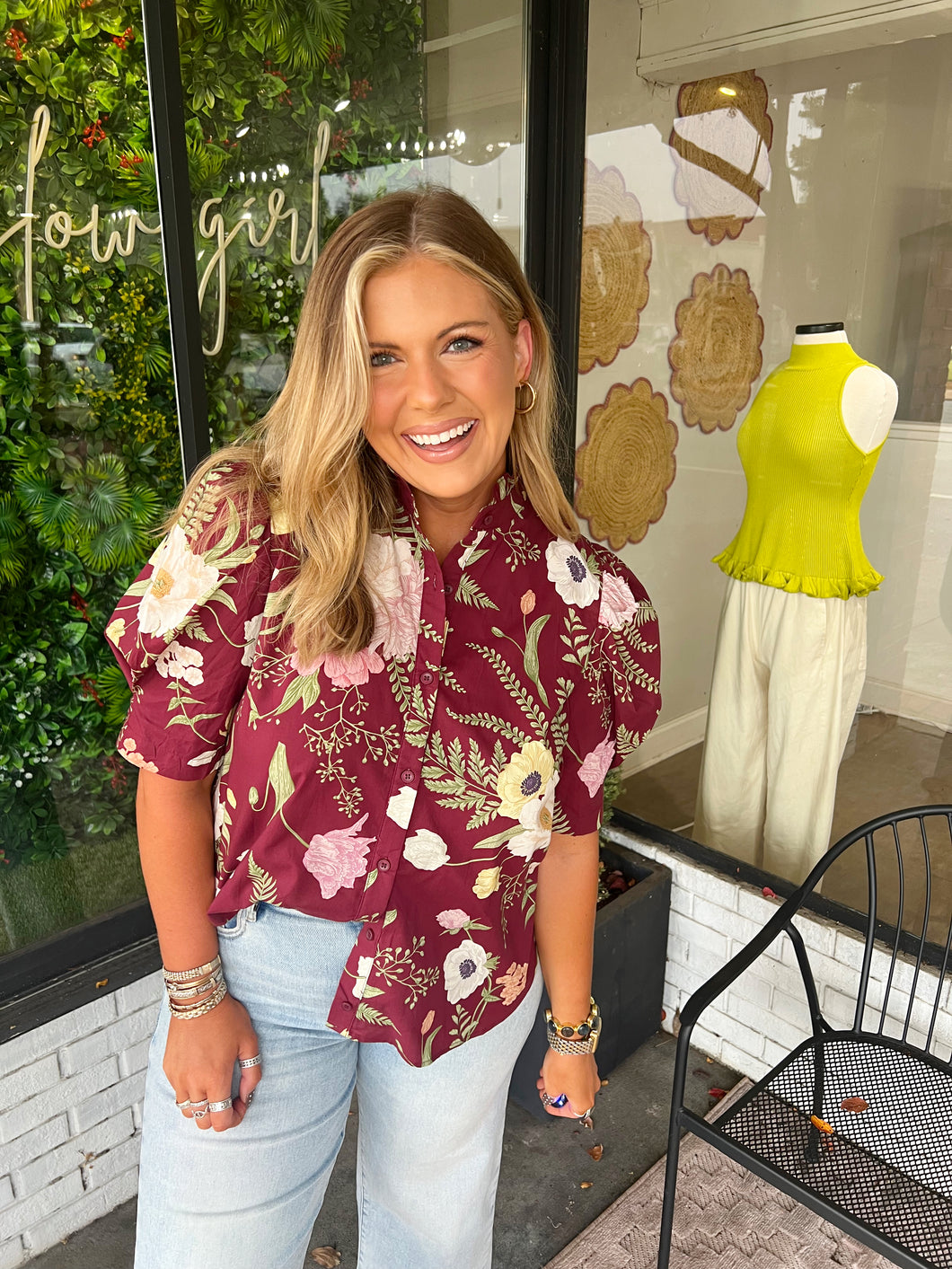 Sydni Floral Ruffle Neck Button Up Top- Burgundy