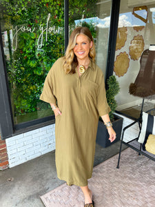 Chloe V-Neck Collared Midi Dress- Olive Green