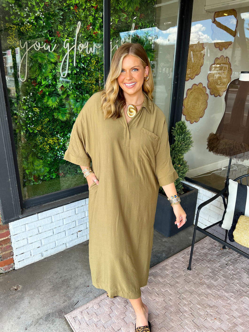 Chloe V-Neck Collared Midi Dress- Olive Green
