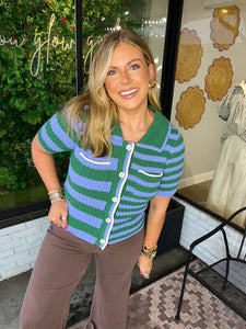 Margot Striped Button Up Knit Sweater - Blue/Green