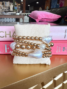 Gold Beaded Ball Freshwater Pearl Bracelet Set
