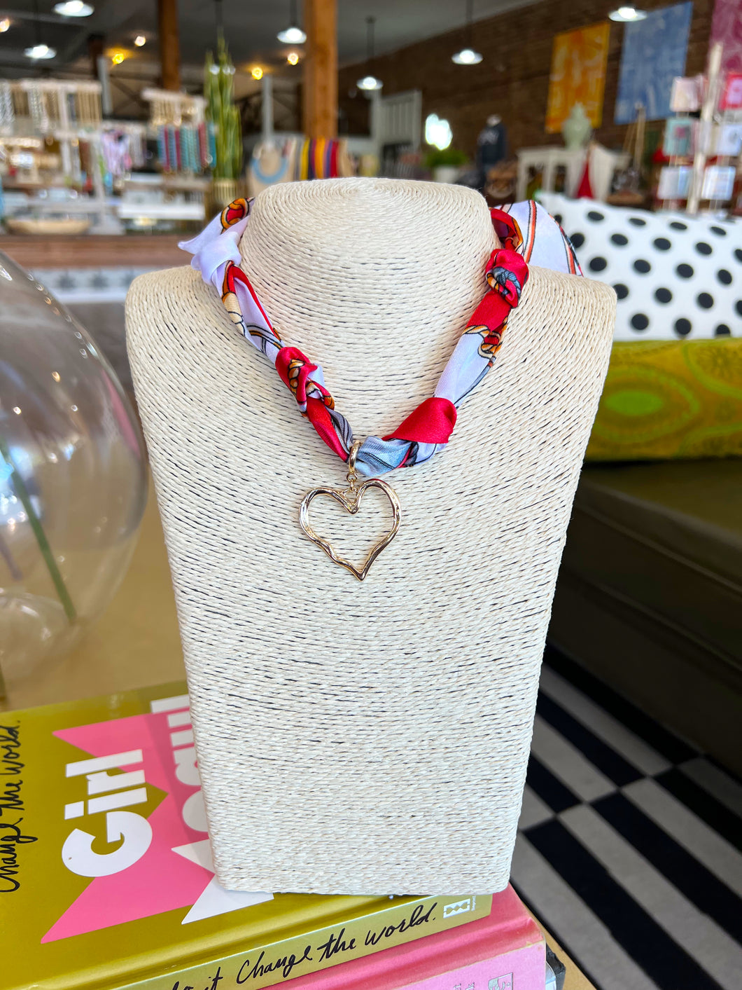 Heart Charm Scarf Necklace - Red