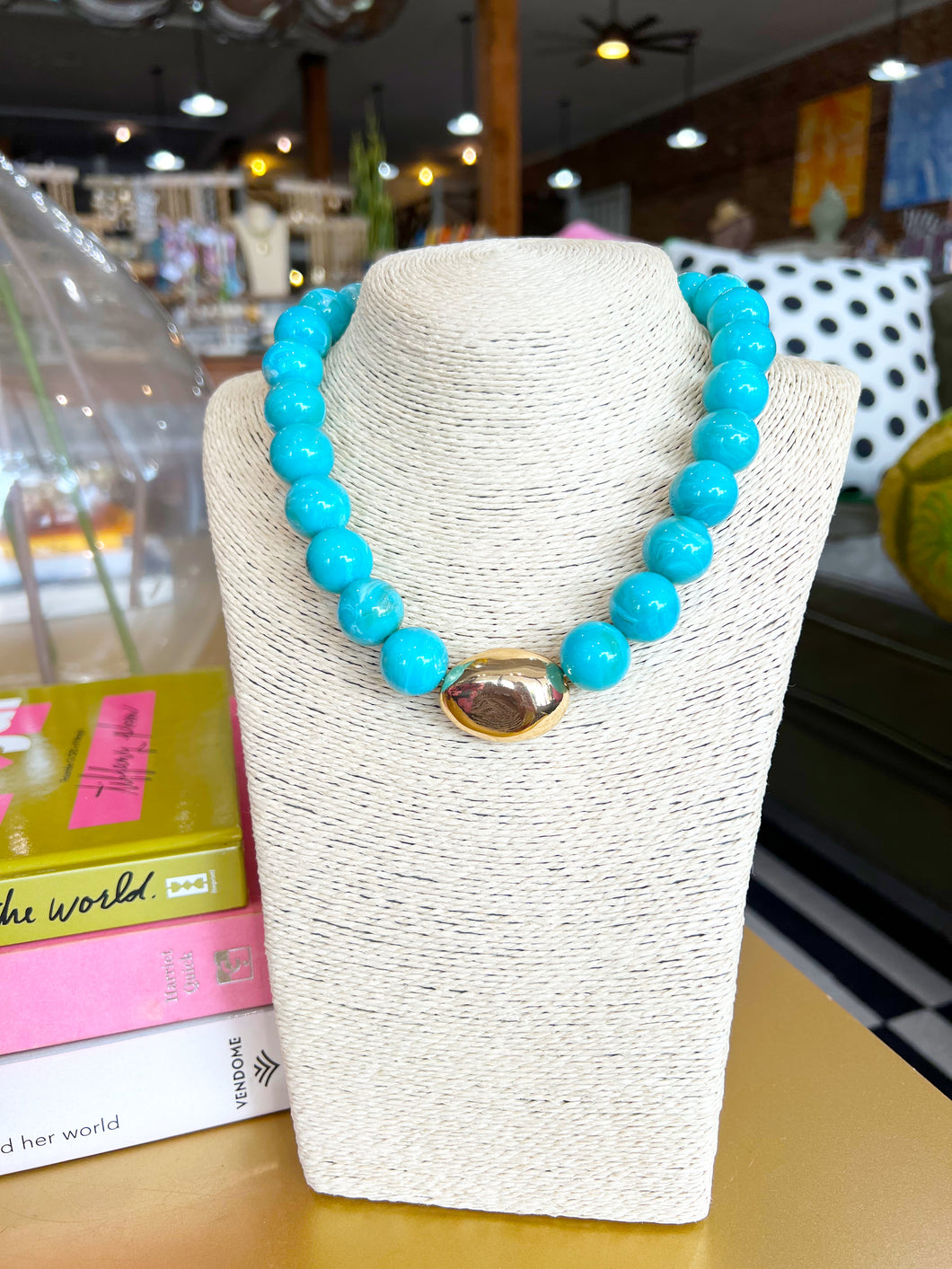 Chunky Beaded Ball Gold Accent Necklace - Turquoise